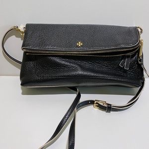 Tory Burch Foldover Clutch, Black Pebbled Leather